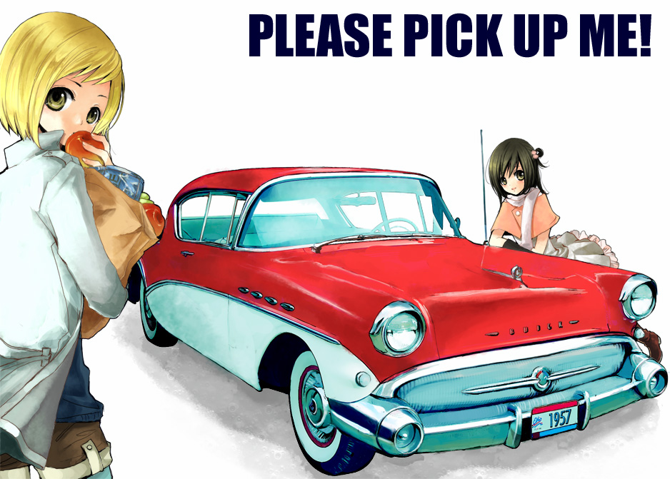 ogura, buick, bad id, bad pixiv id, apple, bag, blonde hair, brown hair, buick century, car, cat, english text, engrish text, food, fruit, motor vehicle, ranguage, shopping bag, short hair, vehicle focus