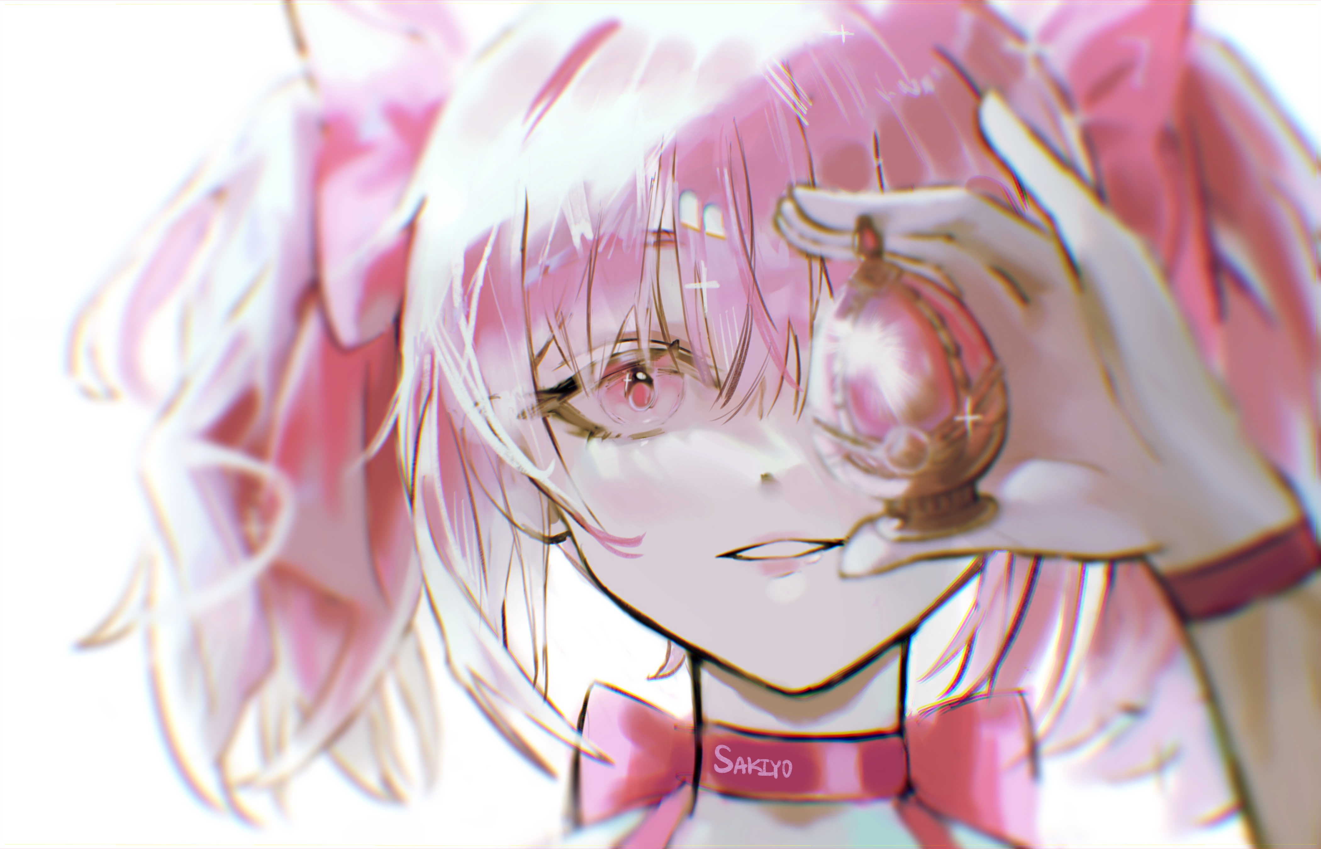 sakiyo, kaname madoka, kaname madoka (magical girl), mahou shoujo madoka magica, mahou shoujo madoka magica (anime), absurdres, highres, 1girl, artist name, blurry, bow, choker, clenched teeth, hair bow, parted lips, pink eyes, pink ribbon, ribbon, ribbon choker, short twintails, simple background, solo, soul gem, sparkle, teeth, twintails, white background