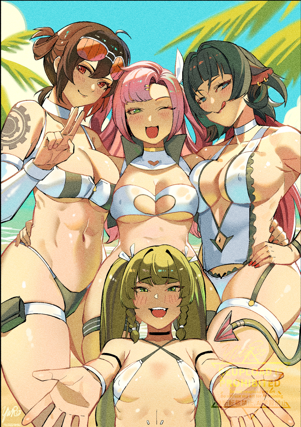 yusi vishnu, grace howard, jane doe (zenless zone zero), nicole demara, qingyi (zenless zone zero), zenless zone zero, commentary, english commentary, highres, 4girls, :d, :q, ;d, android, animal ears, bikini, black hair, blue sky, breasts, choker, closed mouth, clothing cutout, cloud, colored inner hair, day, earrings, fang, goggles, goggles on head, green eyes, green hair, hair between eyes, hair ornament, hair ribbon, jewelry, large breasts, long hair, looking at viewer, mouse ears, mouse girl, mouse tail, multicolored hair, multiple girls, navel, navel cutout, one-piece swimsuit, one eye closed, open mouth, orange eyes, pink hair, red hair, ribbon, sharp tail, sidelocks, sky, smile, sphere hair ornament, standing, stomach, swimsuit, tail, thigh strap, tongue, tongue out, twintails, two side up, v, white bikini, white choker, white one-piece swimsuit, white ribbon