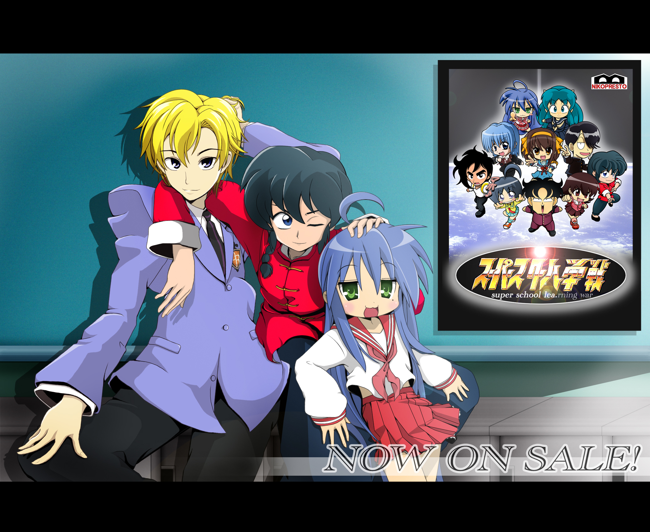 nikopresto, ayasaki hayate, hananakajima masaru, ichidou rei, izumi konata, katagiri himeko, lum, r tanaka ichirou, saotome ranma, suou tamaki, suzumiya haruhi, takino tomo, azumanga daiou, banpresto, hayate no gotoku!, high school! kimengumi, kyuukyoku choujin r, lucky star, ouran high school host club, pani poni dash!, ranma 1/2, sexy commando gaiden: sugoiyo! masaru-san, super robot wars, suzumiya haruhi no yuuutsu, urusei yatsura, highres, 1girl, 2boys, :3, ahoge, black hair, blonde hair, blue eyes, blue hair, braid, chibi, crossover, green eyes, horns, lens flare, mole, mole under eye, multiple boys, parody, school uniform, serafuku, space