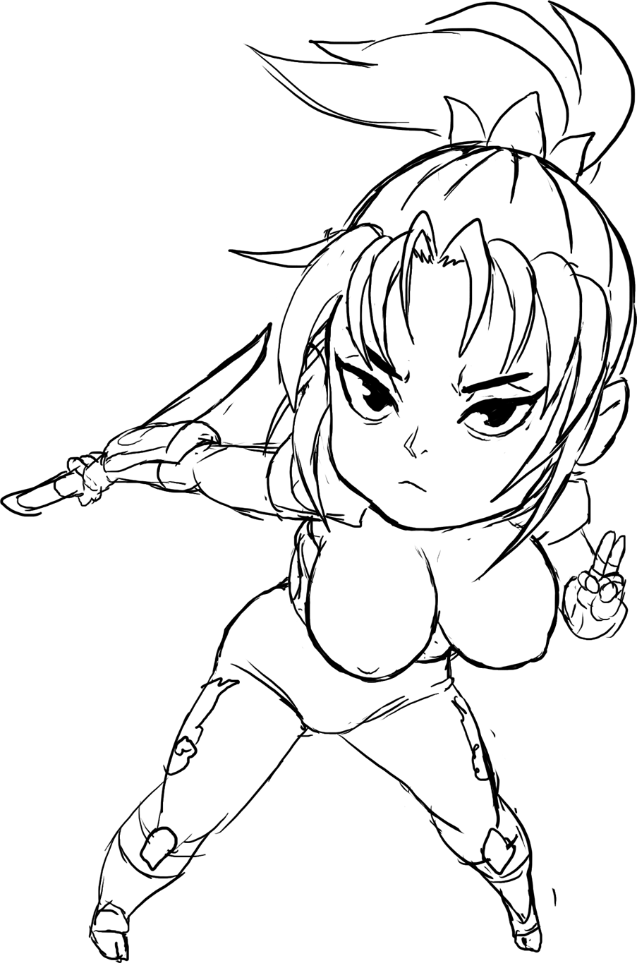 teevo, taki (soulcalibur), soul calibur, breasts, chibi, fighting stance, katana, large breasts, ninja, ninjatou, nipples, short sword, sketch, skin tight, spandex, sword, weapon