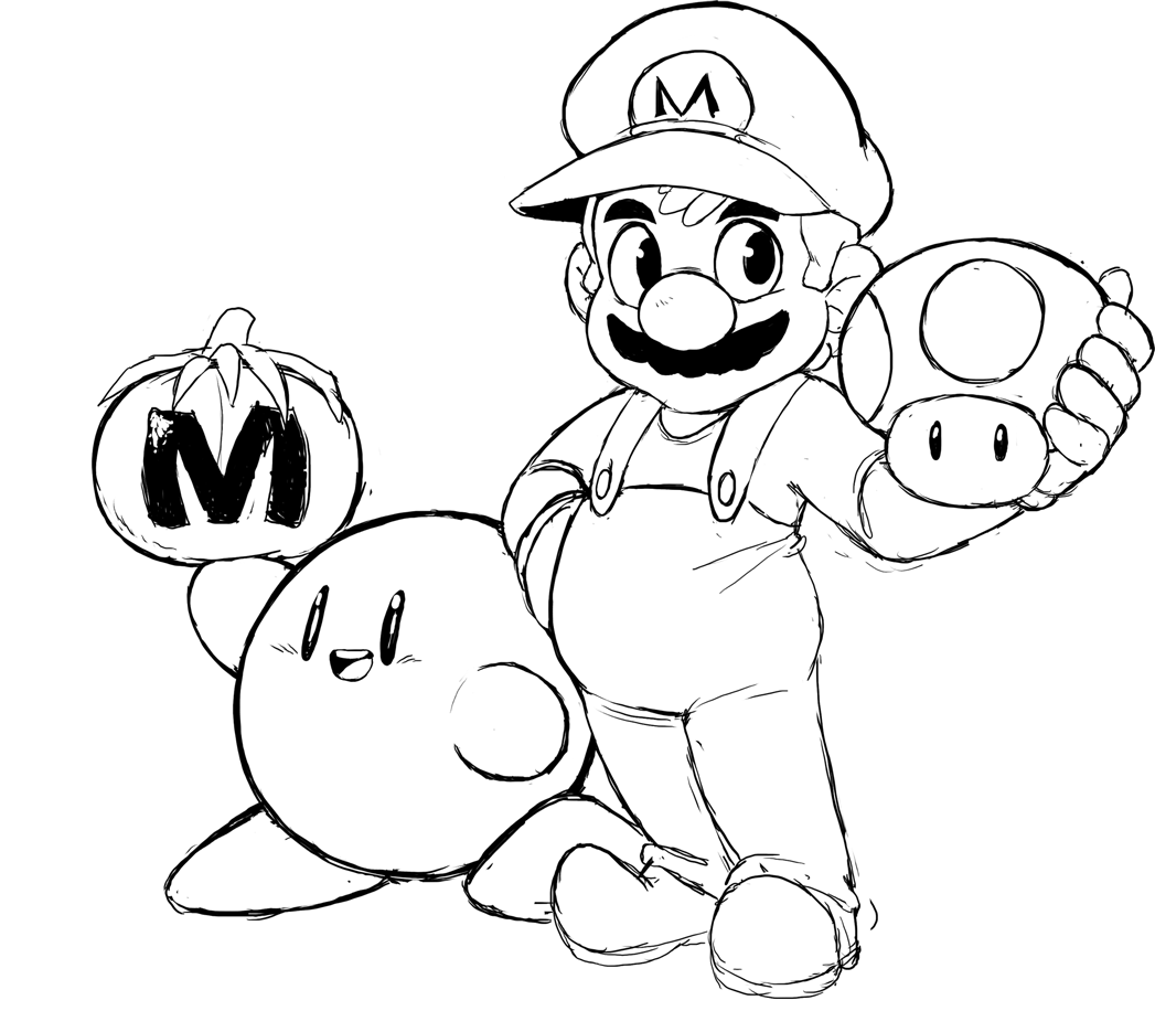 teevo, kirby, mario, kirby (series), mario (series), nintendo, facial hair, hat, mega tomato, mushroom, mustache, overalls, sketch, super mushroom, tomato