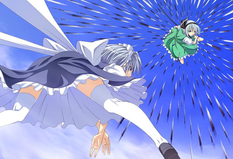 somejima, izayoi sakuya, konpaku youmu, touhou, silver hair, 2girls, battle, danmaku, female focus, from below, hairband, knife, maid, motion blur, multiple girls, ribbon, short hair, sky, socks, sword, thighhighs, throwing knife, weapon, white thighhighs, x arms
