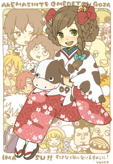 yukke, blueno, chi-chi (dragon ball), dalton (one piece), lambo, moda (one piece), mohmoo, ox king, sohma hatsuharu, dragon ball, fruits basket, katekyo hitman reborn!, one piece, 00s, 4girls, 6+boys, afro, animal, animal print, bandana, beard, black hair, blonde hair, blue eyes, boy cow, braid, brown hair, cow, cow print, crossover, dual persona, face piercing, facial hair, father and daughter, goatee, green eyes, grey eyes, helmet, japanese clothes, jewelry, kimono, milk, monster, multicolored hair, multiple boys, multiple crossover, multiple girls, necklace, new year, nose piercing, nose ring, piercing, trait connection, two-tone hair, white hair