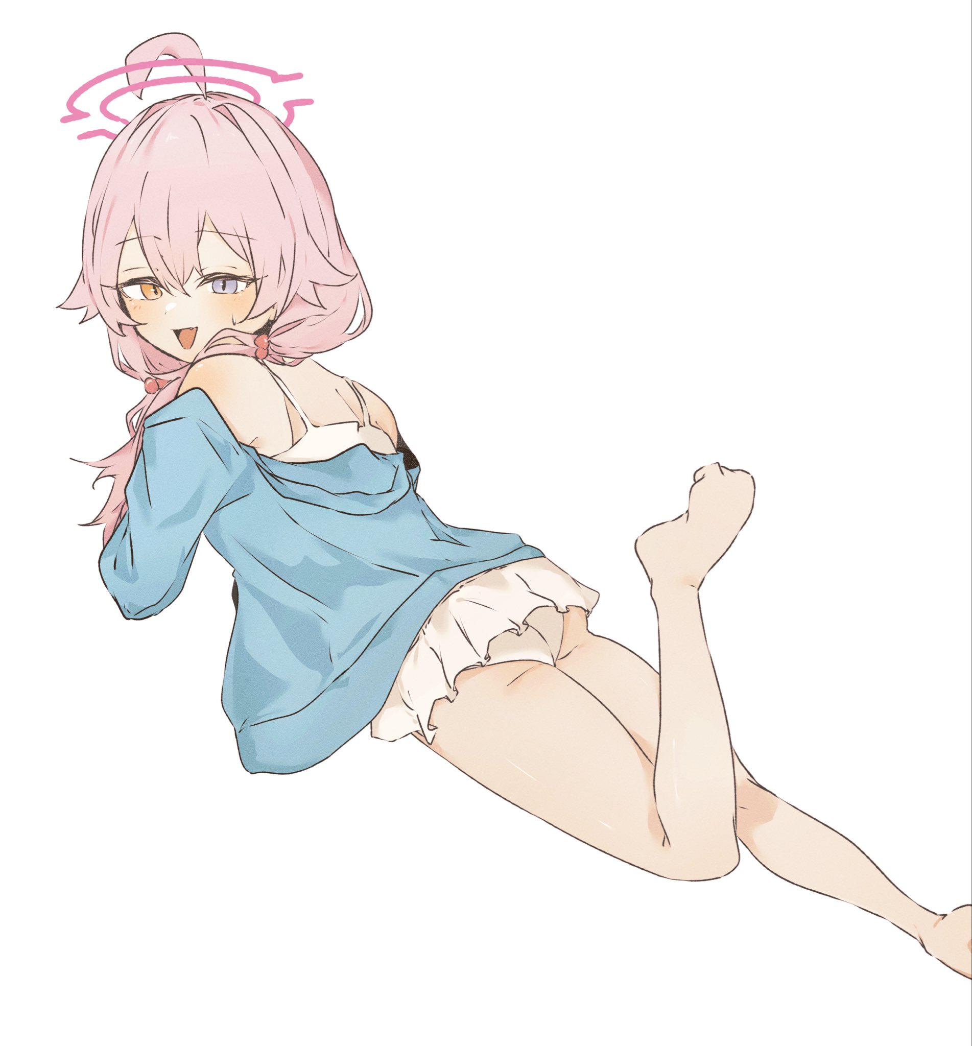 hoshino (blue archive), hoshino (swimsuit) (blue archive), blue archive, highres, 1girl, ahoge, ass, bare legs, barefoot, bikini, blue eyes, blue jacket, blush, foot out of frame, foot up, frilled bikini, frills, hair between eyes, halo, heterochromia, jacket, jacket over swimsuit, jjohyb3, long hair, looking at viewer, looking back, low twintails, lying, off shoulder, official alternate costume, on stomach, open mouth, pink hair, pink halo, simple background, smile, solo, swimsuit, twintails, white background, white bikini, yellow eyes