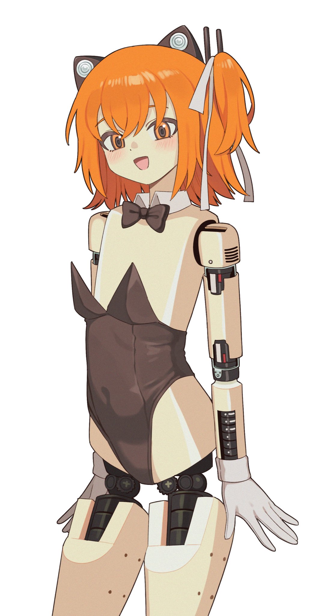 adachi rei, a.i. voice, utau, highres, 1girl, animal ears, black bow, black bowtie, black leotard, blush, bow, bowtie, cat ears, cat girl, flat chest, gloves, hair ribbon, joints, leotard, medium hair, mottoyo, no nipples, one side up, open mouth, orange eyes, orange hair, ribbon, robot girl, robot joints, simple background, solo, white background, white gloves, white ribbon