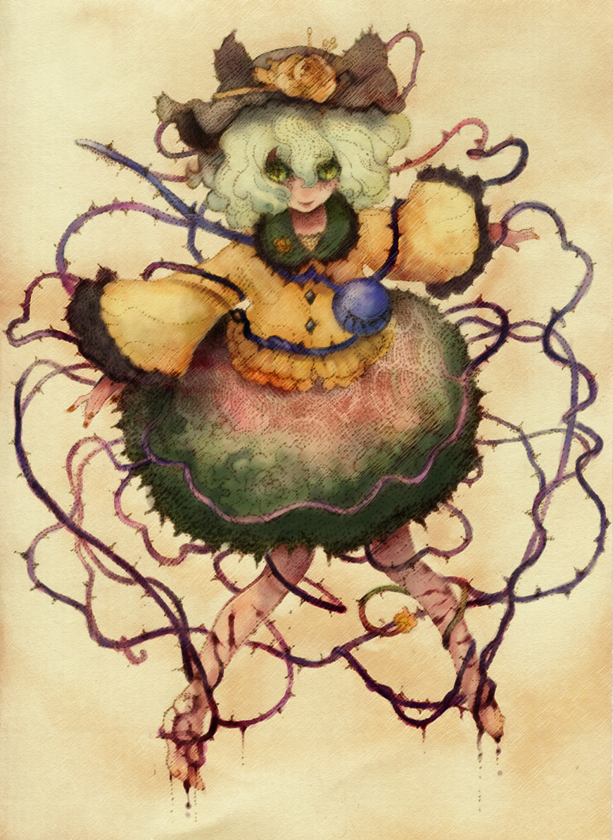 ruto (petatann), komeiji koishi, touhou, bad id, bad pixiv id, 1girl, barefoot, blood, female focus, flower, full body, gradient background, green eyes, hat, plant, short hair, skirt, solo, thorns, white hair