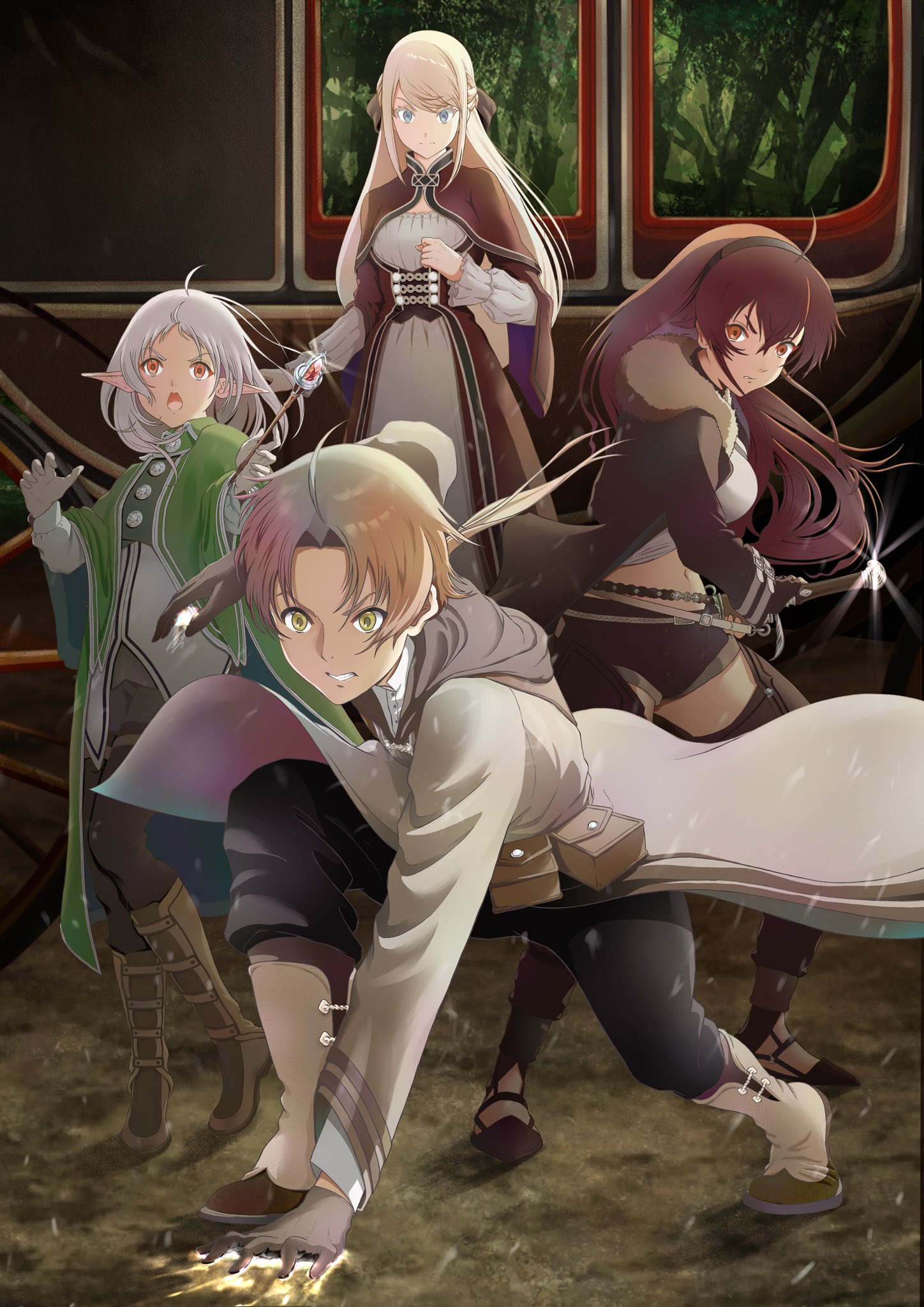 rora (user vgpk4444), ariel anemoi asura, eris greyrat, rudeus greyrat, sylphiette (mushoku tensei), mushoku tensei, highres, 1boy, 4girls, ahoge, belt pouch, blonde hair, blue eyes, brown hair, carriage, casting spell, clenched teeth, elf, gloves, green eyes, holding, holding sword, holding wand, holding weapon, multiple girls, pointy ears, ponytail, pouch, red eyes, red hair, sheath, sword, teeth, unsheathing, wand, weapon, white hair