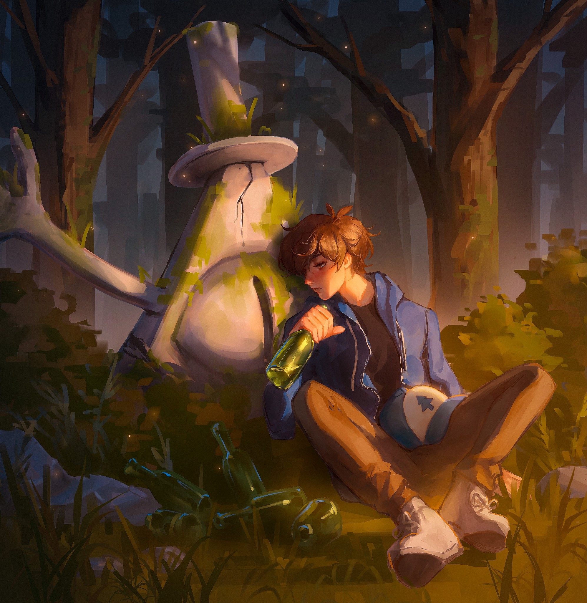 suikamelony, bill cipher, dipper pines, gravity falls, highres, 1boy, aged up, alcohol, blue hoodie, blush, bottle, brown hair, brown pants, drunk, forest, glass bottle, hat, holding, holding bottle, hood, hoodie, male focus, moss, nature, outdoors, painterly, pants, realistic, rock, shirt, shoes, short hair, sitting, statue, top hat, tree, unworn hat, unworn headwear, white shoes