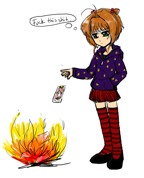 kinomoto sakura, cardcaptor sakura, striped, striped legwear, alternate end, card, fire, hoodie, sketch, thighhighs, zettai ryouiki