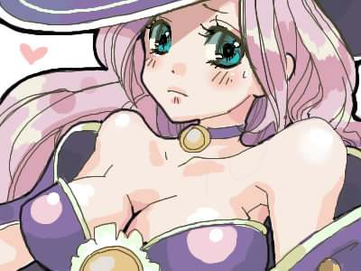 alicia (rune factory), rune factory, rune factory 2, artist request, lowres, 1girl, aqua eyes, bare shoulders, blush, breasts, choker, cleavage, closed mouth, collarbone, female focus, hat, heart, jewelry, large breasts, long hair, looking at viewer, neck, necklace, purple choker, purple hair, purple hat, shy, solo, strapless, upper body, witch, witch hat