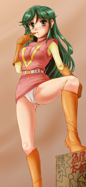 nanbara chizuru, choudenji robo combattler v, sunrise (company), toei company, pilot suit, 1970s (style), 1girl, female focus, green hair, leg lift, long hair, oldschool, panties, pantyshot, retro artstyle, solo, underwear