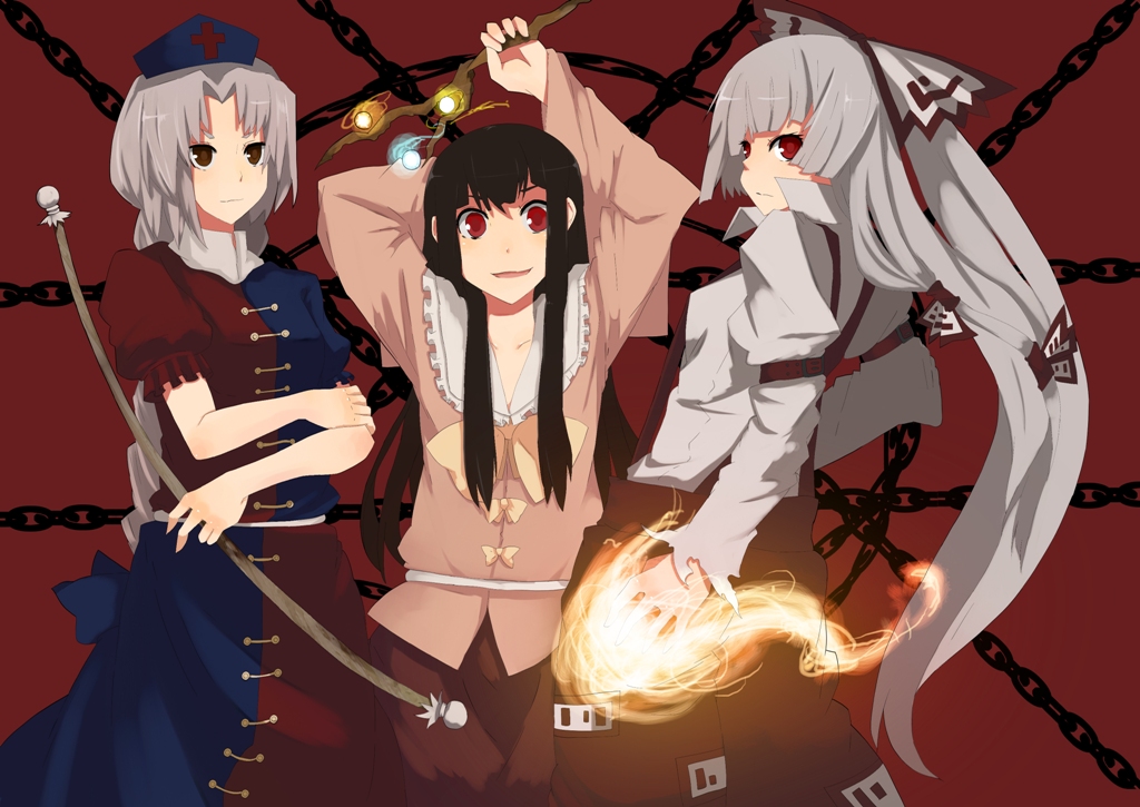 fuurin (omaemona), fujiwara no mokou, houraisan kaguya, yagokoro eirin, touhou, silver hair, bad id, bad pixiv id, 3girls, arms up, black hair, bow (weapon), branch, female focus, fire, glowing, hat, holding, long hair, long sleeves, looking at viewer, multiple girls, nurse cap, ofuda, pants, red eyes, sidelocks, suspenders, very long hair, weapon