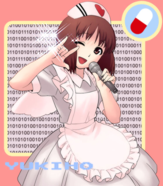 jinroku, hagiwara yukiho, idolmaster, idolmaster (classic), idolmaster 1, macross, macross frontier, maid fairy tale, 1girl, m/, apron, brown eyes, brown hair, female focus, microphone, nurse, one eye closed, parody, seikan hikou, short hair, solo, wink