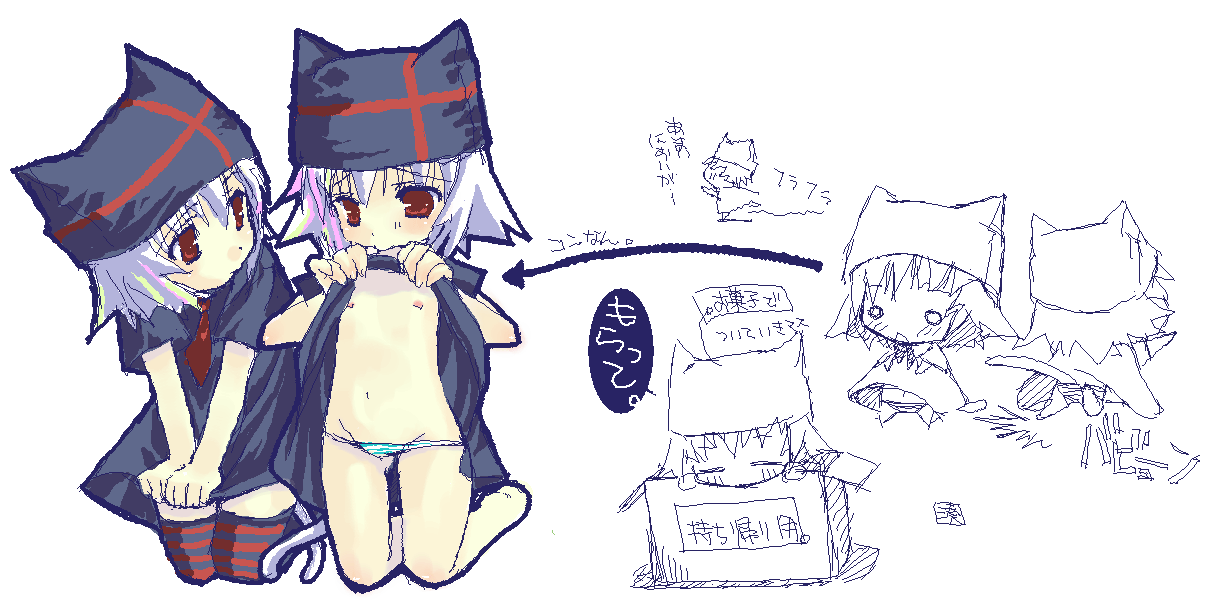 minato hiromu, striped legwear, copyright request, 2girls, animal ears, animal hat, box, cat ears, cat tail, chibi, clothes lift, flat chest, hat, kneeling, loli, lowleg, lowleg panties, multiple girls, panties, red eyes, shirt lift, short hair, siblings, sisters, sleeping, striped clothes, striped panties, striped thighhighs, tail, thighhighs, twins, underwear, white hair