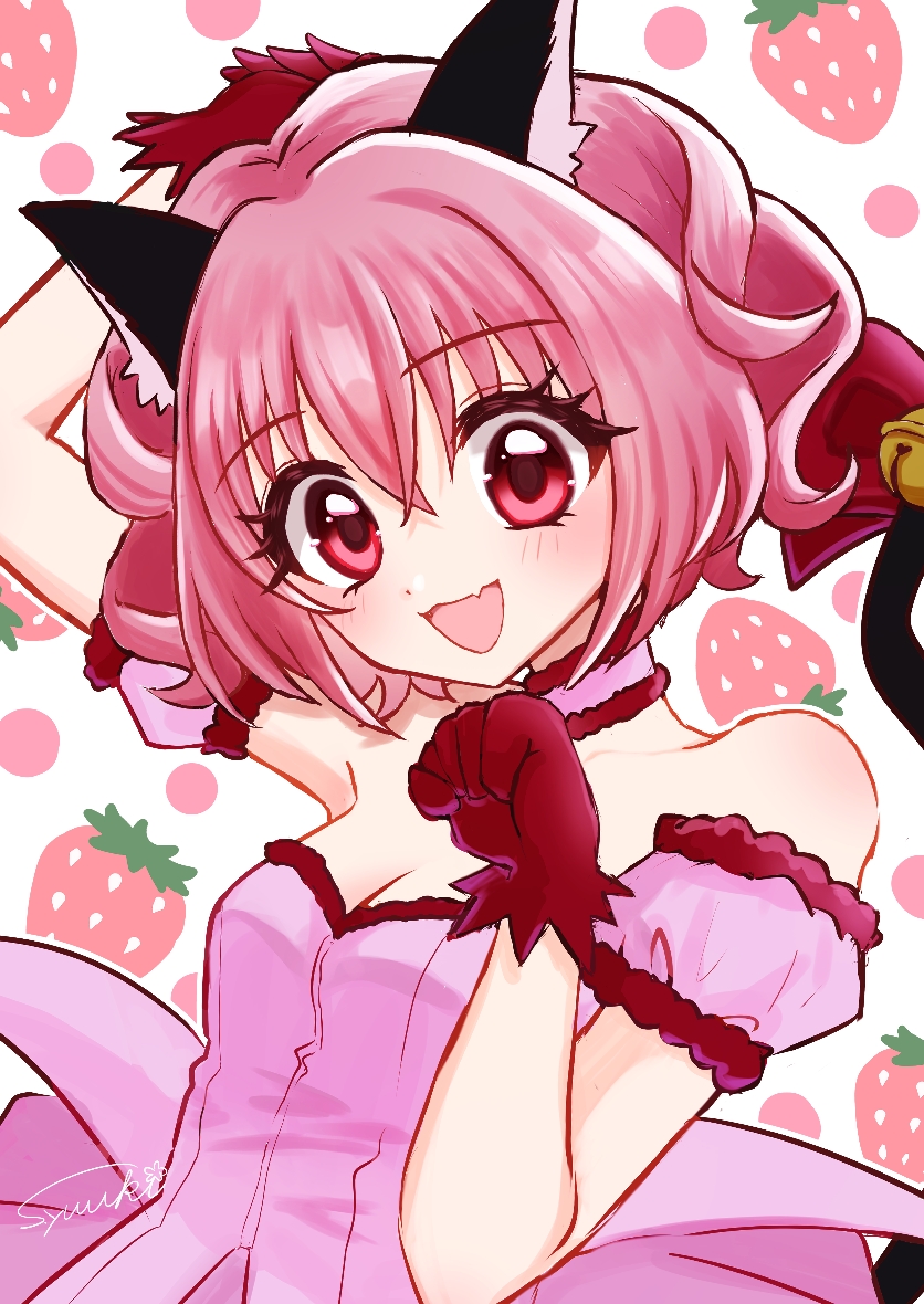 mew ichigo, momomiya ichigo, tokyo mew mew, 1girl, animal ear fluff, animal ears, arm up, blush, bow, breasts, cat day, cat ears, cat girl, cat tail, choker, cleavage, dress, emerald0w0, food, frilled choker, frills, fruit, gloves, hair between eyes, hair ornament, looking at viewer, medium breasts, open mouth, paw pose, pink dress, pink eyes, pink gloves, pink hair, smile, solo, strapless, strapless dress, strawberry, tail, tail bow, tail ornament