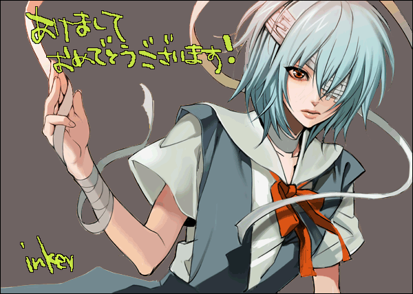 inkey, ayanami rei, neon genesis evangelion, translated, bandages, blue hair, red eyes, school uniform, short hair, solo