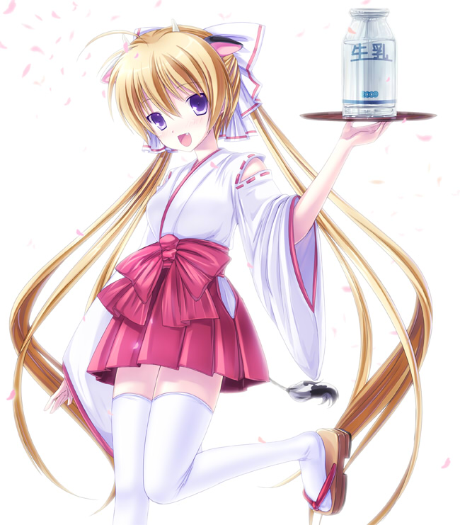 6u (eternal land), kiyu, 1girl, adapted uniform, animal ears, blonde hair, bottle, cow ears, cow girl, cow tail, fang, female focus, hakama, hakama skirt, horns, japanese clothes, long hair, miko, milk bottle, petals, purple eyes, red hakama, skirt, solo, tail, thighhighs, tray, twintails, very long hair, zettai ryouiki