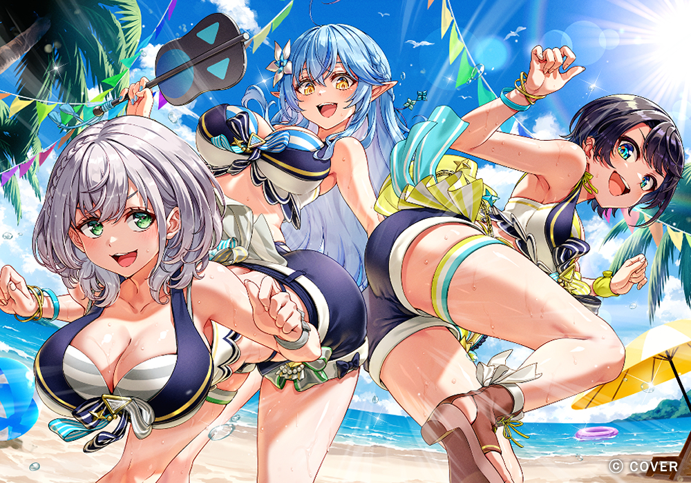 buru-dai, oozora subaru, shirogane noel, yukihana lamy, hololive, commentary request, official art, 3girls, :d, ahoge, ass, beach, bikini, bikini bottom under shorts, bikini under clothes, black hair, blue eyes, blue hair, blue shorts, blue sky, boots, braid, breasts, brown hair, butt sumo, cleavage, cloud, crossed bangs, day, double-parted bangs, elf, flower, front-tie bikini top, front-tie top, green eyes, grey hair, hair between eyes, hair flower, hair ornament, half up braid, heart, heart ahoge, high heels, highleg, highleg bikini, hololive summer 2023 swimsuit, large breasts, layered bikini, long hair, multicolored hair, multiple girls, ocean, official alternate costume, open-toe boots, open mouth, outdoors, pointy ears, short hair, short shorts, shorts, side braid, sky, smile, snowflake hair ornament, streaked hair, striped bikini, striped clothes, swept bangs, swimsuit, thigh strap, very long hair, virtual youtuber, wavy hair, white bikini, yellow eyes