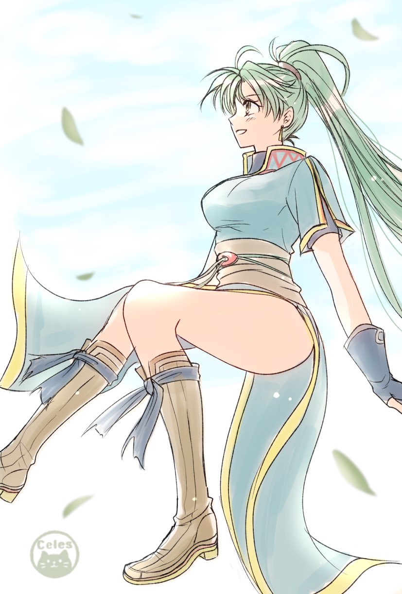 lyn (fire emblem), fire emblem, fire emblem: the blazing blade, nintendo, commentary request, highres, 1girl, blue dress, blue sky, boots, breasts, brown boots, cf wing, china dress, chinese clothes, dress, falling leaves, fingerless gloves, foot out of frame, gloves, green hair, high ponytail, knee boots, large breasts, leaf, light blush, long hair, one-hour drawing challenge, parted lips, ponytail, sash, short sleeves, sky, solo, thighs, turtleneck