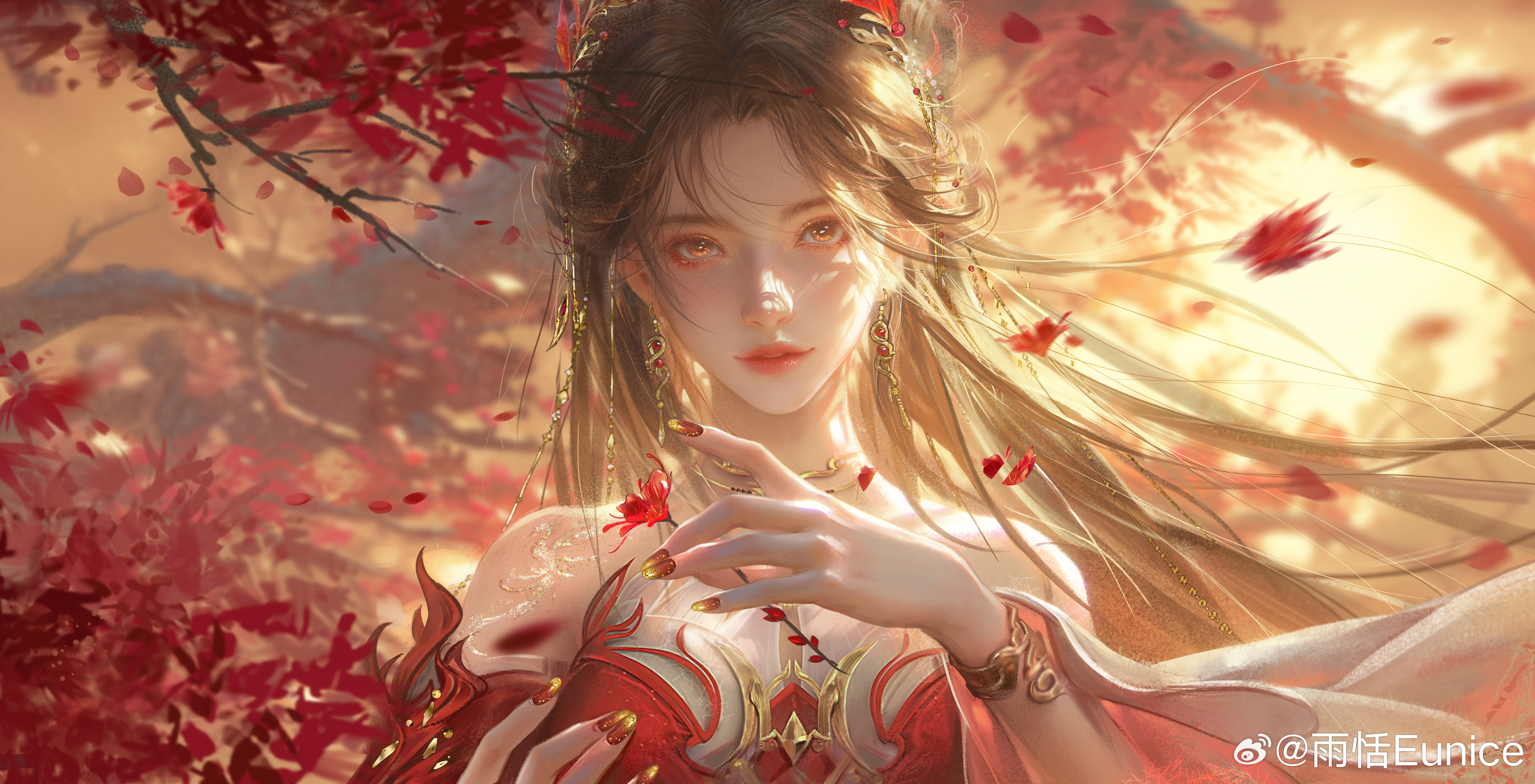 you nisi eunice, huo linger (wanmei shijie), wanmei shijie, absurdres, bad link, highres, 1girl, black hair, breasts, dress, earrings, happy birthday, jewelry, leaf, long hair, maple leaf, red dress, red nails, smile, solo