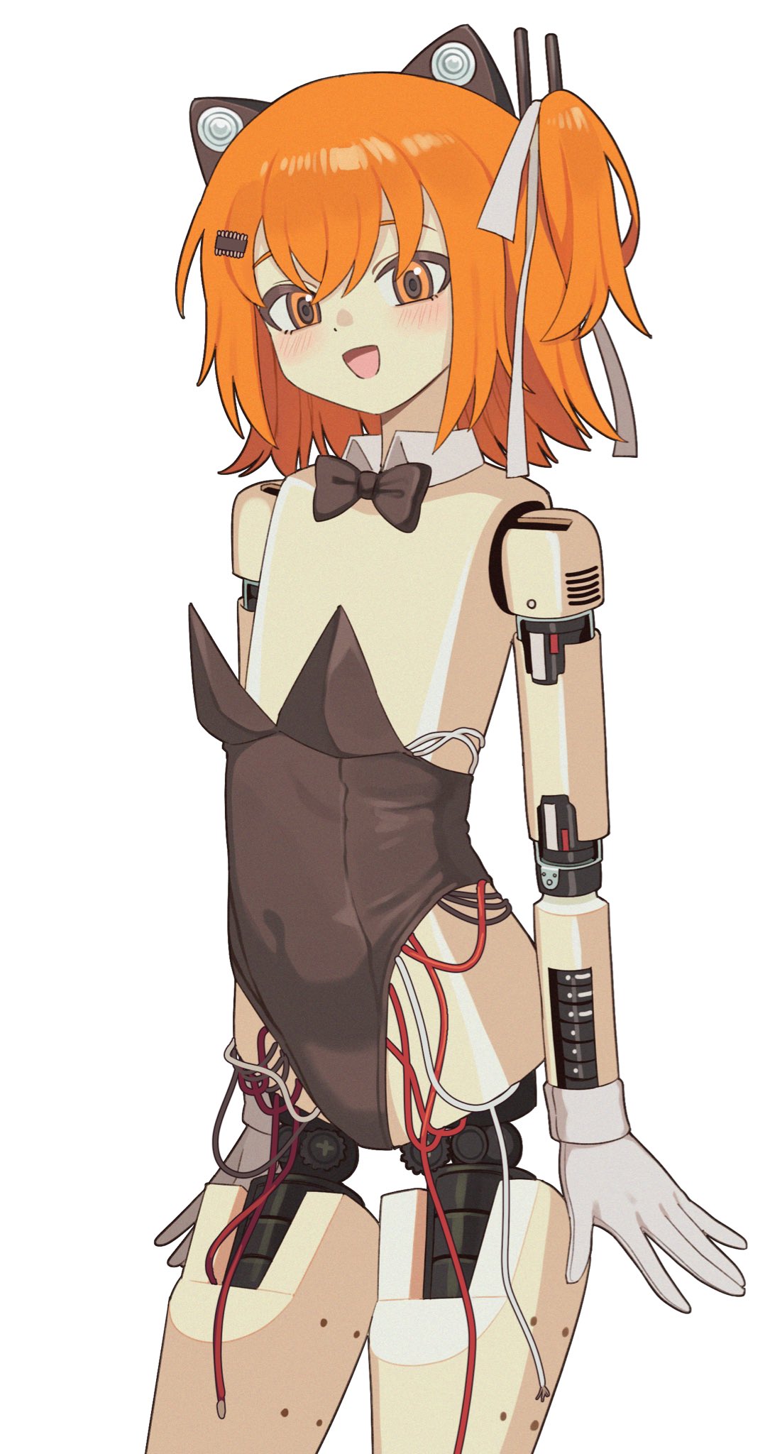 adachi rei, a.i. voice, utau, highres, 1girl, animal ears, black bow, black bowtie, black leotard, blush, bow, bowtie, cable, cat ears, cat girl, flat chest, gloves, hair ribbon, joints, leotard, medium hair, mottoyo, no nipples, one side up, open mouth, orange eyes, orange hair, ribbon, robot girl, robot joints, simple background, solo, white background, white gloves, white ribbon