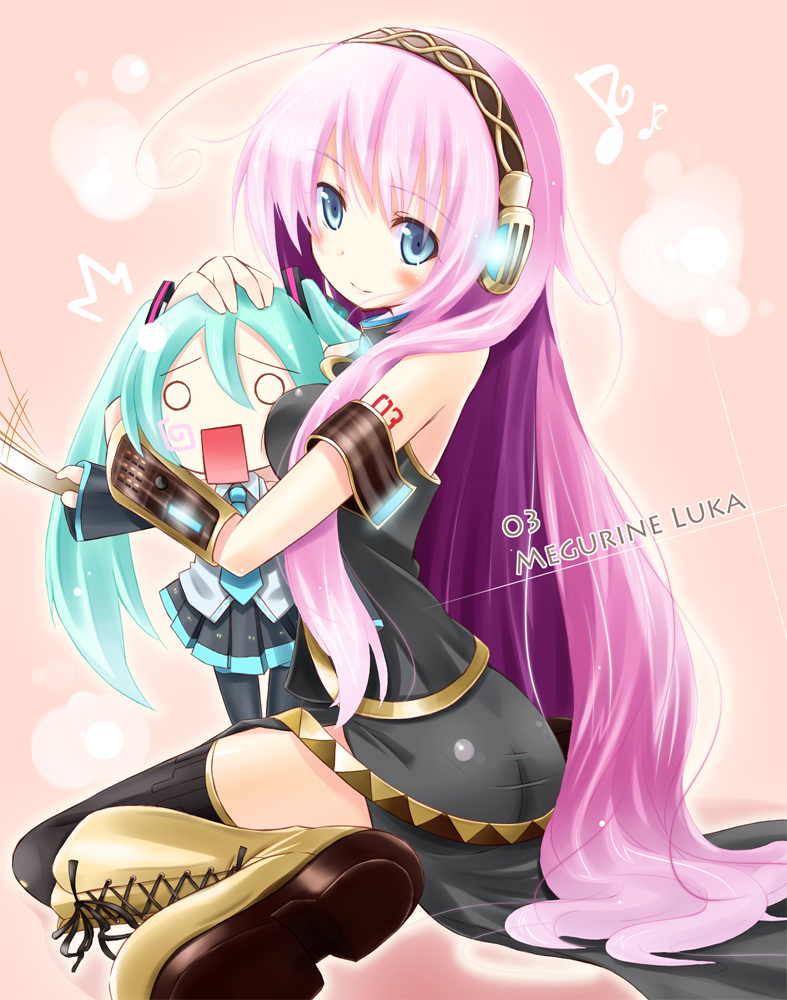 komone ushio, hachune miku, hatsune miku, megurine luka, vocaloid, bad id, bad pixiv id, 2girls, aqua hair, between breasts, blue eyes, blush, breasts, headphones, holding, hug, kneeling, leekspin (meme), long hair, meme, multiple girls, musical note, necktie, o o, pink hair, sitting, smile, spring onion, thighhighs, wariza