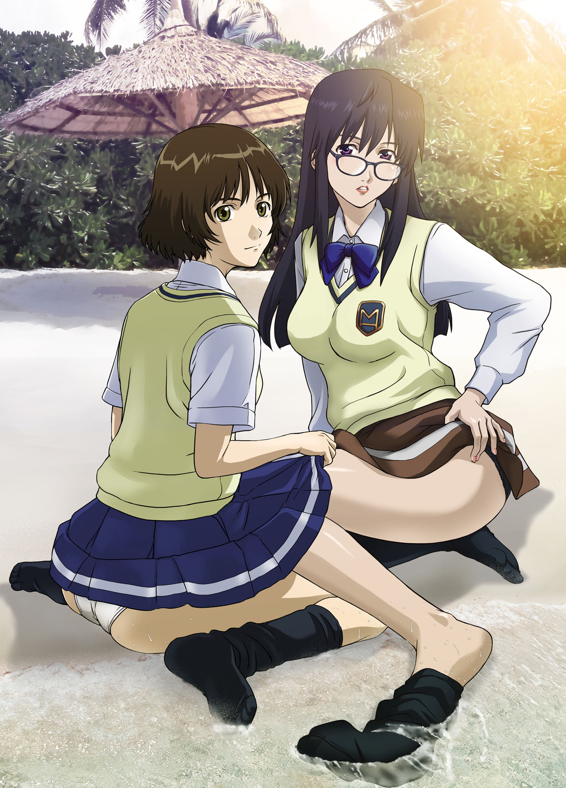 tooo, kaminagi ryouko, misaki shizuno, zegapain, highres, 00s, 2girls, ass, barefoot, beach, black hair, brown eyes, brown hair, clothes lift, feet, glasses, kneeling, long hair, multiple girls, panties, pantyshot, purple eyes, sand, school uniform, short hair, skirt, skirt lift, sock dangle, sock pull, socks, soles, underwear, water