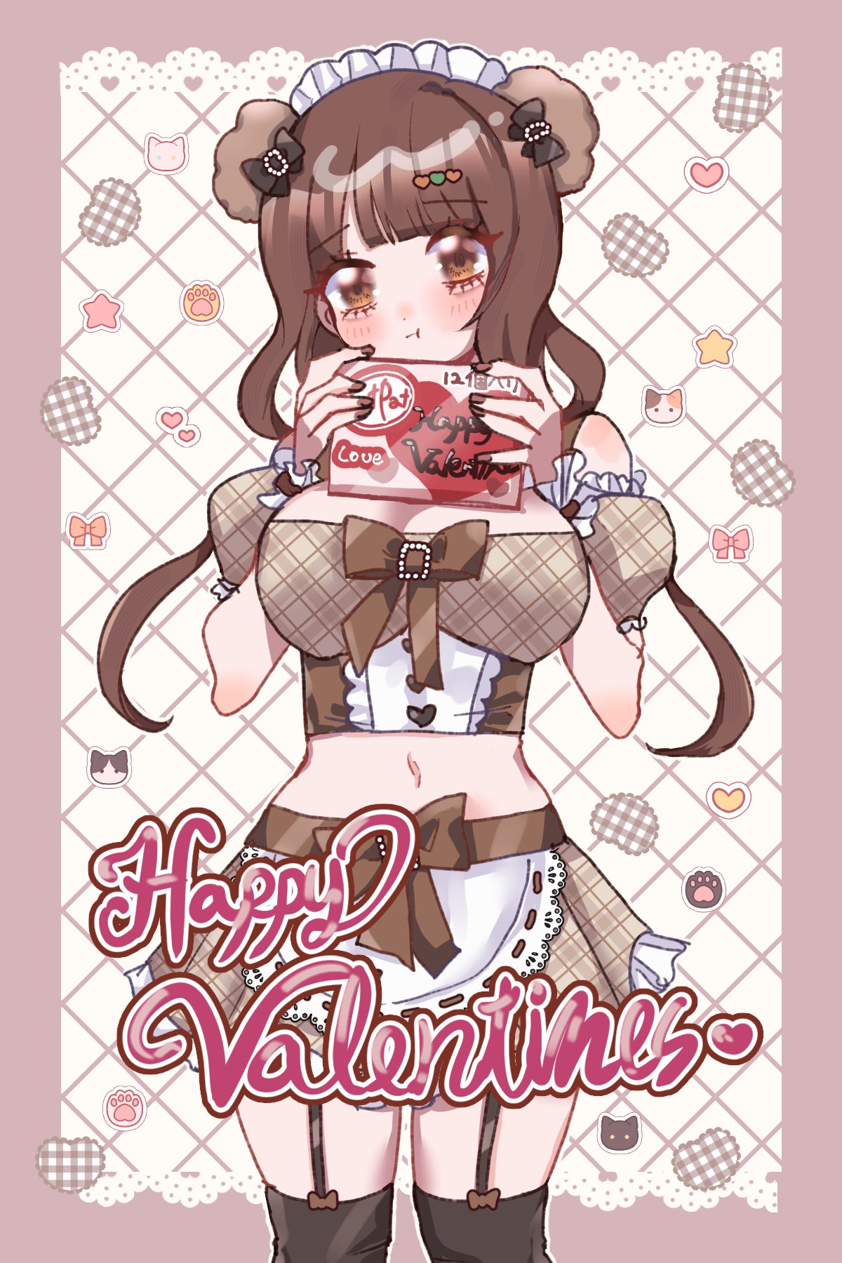 n1ku22a, iino miko, 1girl, breasts, brown eyes, brown hair, cleavage, garter straps, midriff, miniskirt, pout, skirt, thighhighs, valentine chocolate
