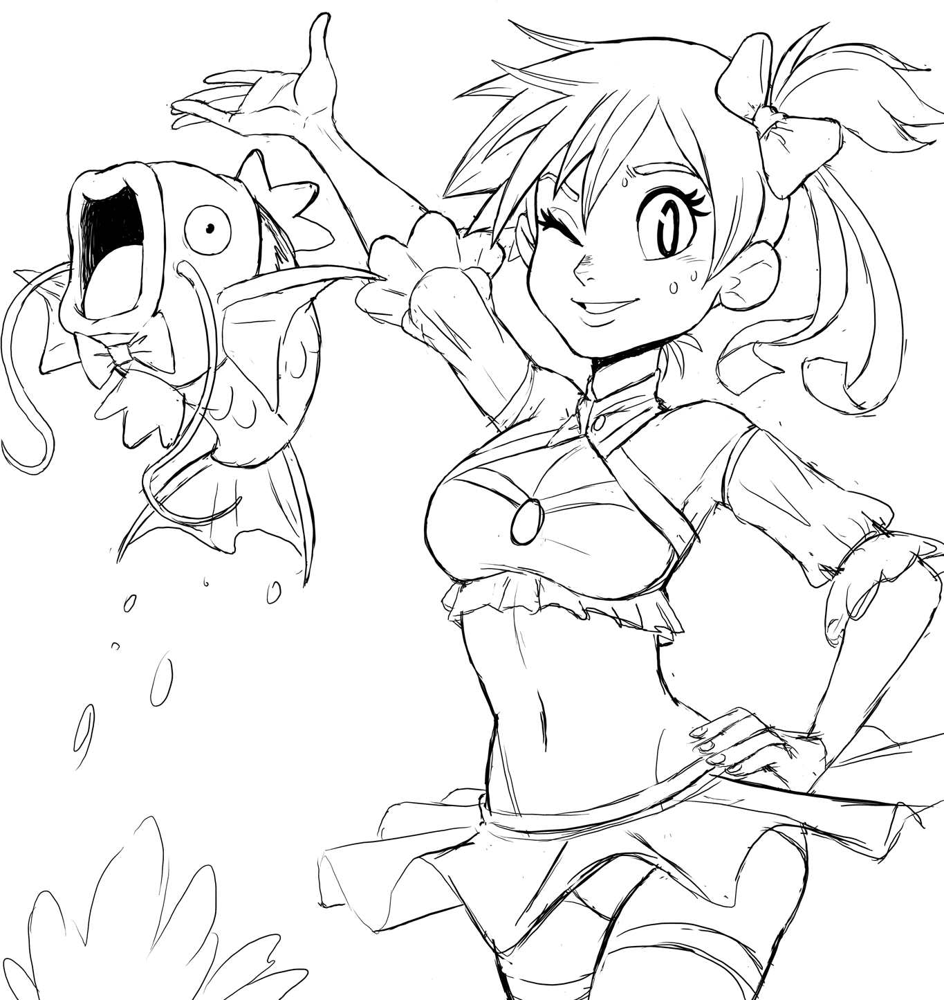 teevo, magikarp, misty (pokemon), nintendo, pokemon, arms up, bow, bowtie, breasts, cleavage, cleft of venus, gen 1 pokemon, hair bow, hair ribbon, hand on own hip, looking at viewer, navel, one eye closed, pokemon (creature), ribbon, side ponytail, sketch, skirt, splashing, swimsuit, water drop, wink