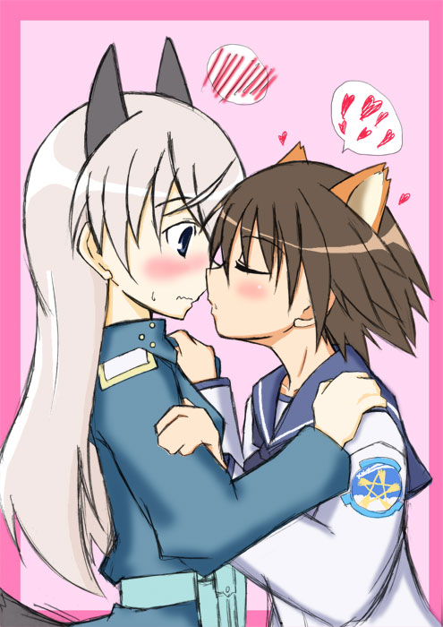 eila ilmatar juutilainen, miyafuji yoshika, strike witches, world witches series, 00s, 2girls, animal ears, blue eyes, blush, brown hair, cat ears, closed eyes, dog ears, fox ears, imminent kiss, kiss, long hair, multiple girls, school uniform, short hair, tail, yuri