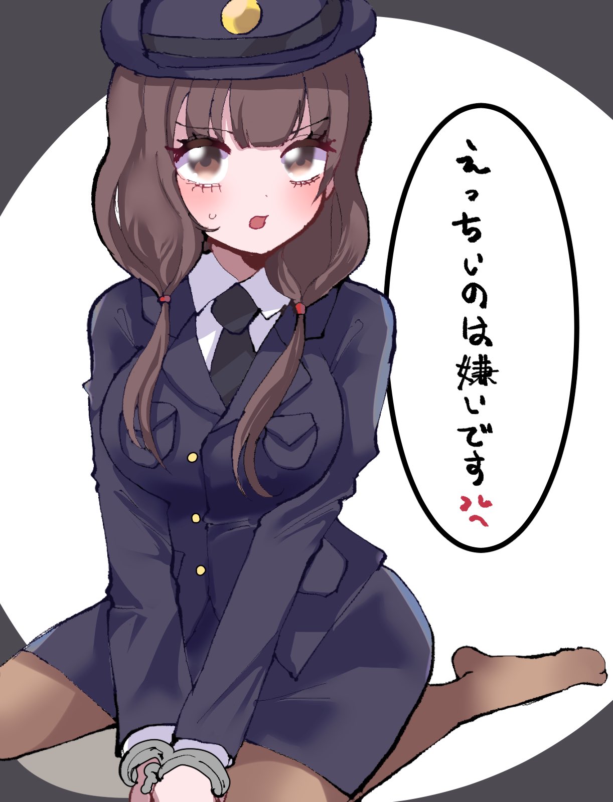 n1ku22a, iino miko, kaguya-sama wa kokurasetai ~tensai-tachi no renai zunousen~, 1girl, brown eyes, brown hair, cuffs, handcuffed, handcuffs, pantyhose, police, police uniform, policewoman, simple background, speech bubble