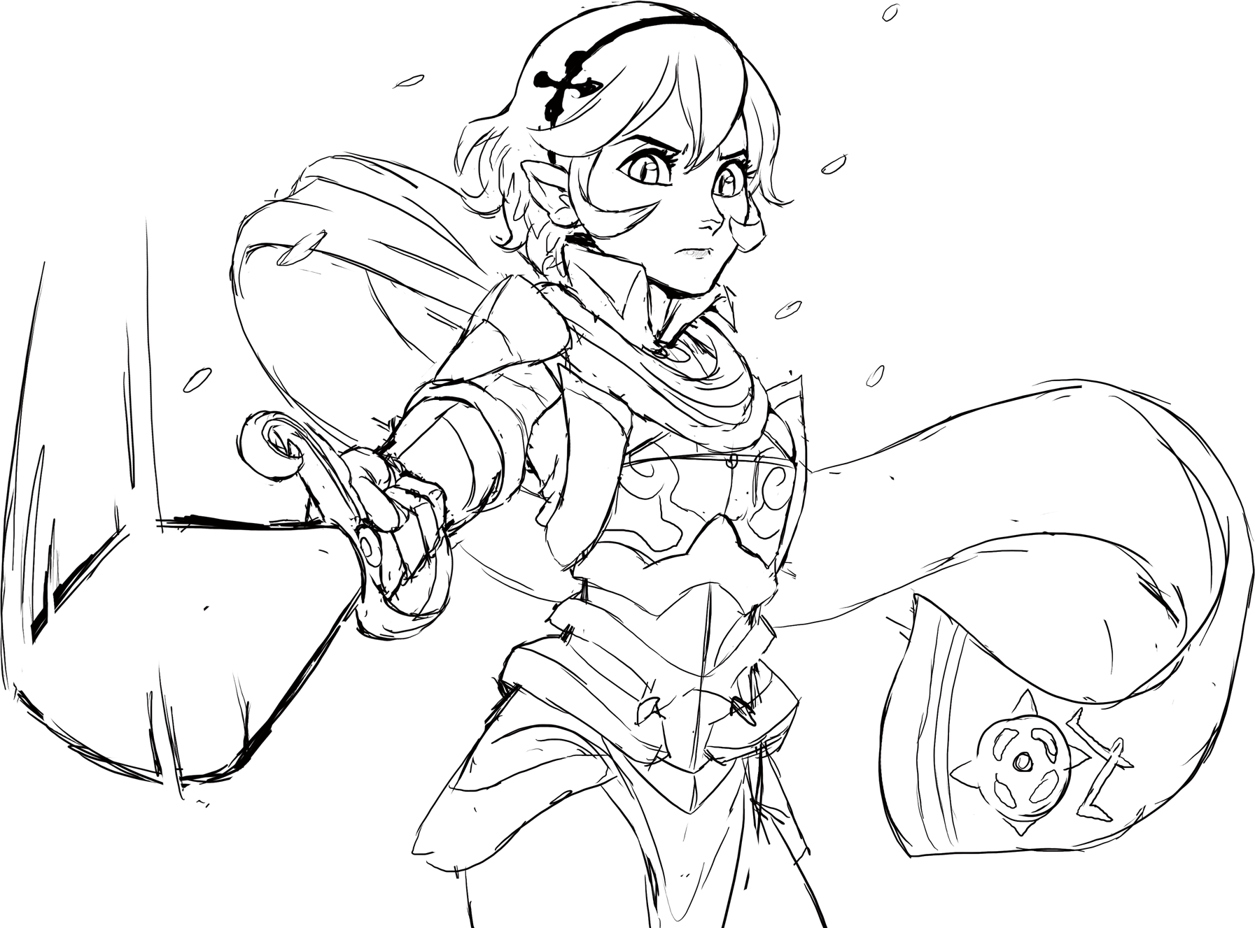 teevo, female corrin (fire emblem), fire emblem, fire emblem fates, nintendo, alternate hairstyle, armor, hairband, looking at viewer, pointy ears, scarf, sketch, slit pupils, sword, weapon