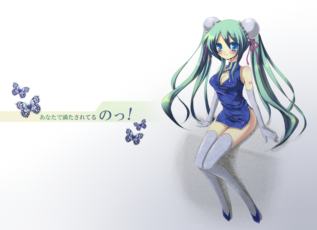 oota minoru, hatsune miku, vocaloid, bad id, bad pixiv id, 1girl, blue eyes, blush, breasts, bug, bun cover, butterfly, china dress, chinese clothes, cleavage, cleavage cutout, clothing cutout, double bun, dress, elbow gloves, female focus, gloves, green hair, hair bun, insect, long hair, medium breasts, sitting, solo, thighhighs, twintails