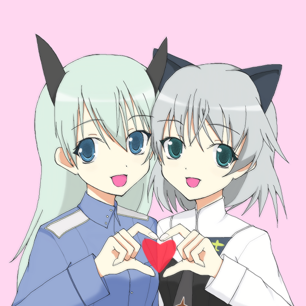 eila ilmatar juutilainen, sanya v. litvyak, strike witches, world witches series, silver hair, uniform, 00s, 2girls, animal ears, blonde hair, blue eyes, cat ears, four-finger heart hands, green eyes, heart, heart hands, long hair, multiple girls, necktie, short hair, simple background