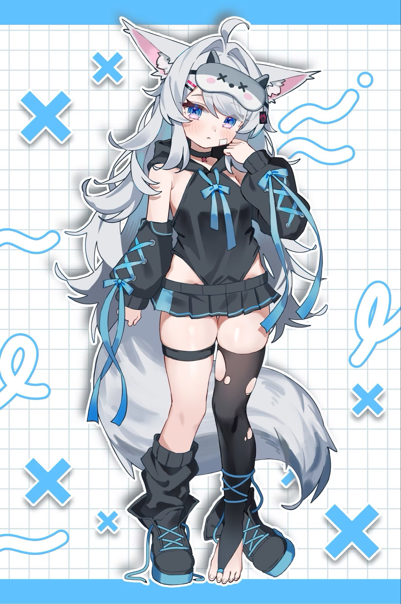 nitoron, original, highres, 1girl, ahoge, animal ear fluff, animal ears, asymmetrical legwear, bandaid, bandaid on cheek, bandaid on face, black choker, black shoes, black skirt, black sleeves, black socks, black thighhighs, blue eyes, blue ribbon, blush, breasts, choker, detached sleeves, fox ears, fox girl, fox tail, full body, grey hair, hair intakes, hood, hood down, hoodie, leotard, long hair, long sleeves, looking at viewer, mask, mask on head, miniskirt, pleated skirt, puffy long sleeves, puffy sleeves, purple eyes, ribbon, shoes, single sock, single thighhigh, skindentation, skirt, sleep mask, sleeveless, socks, solo, standing, tail, thigh strap, thighhighs, toeless legwear, torn clothes, torn thighhighs, very long hair