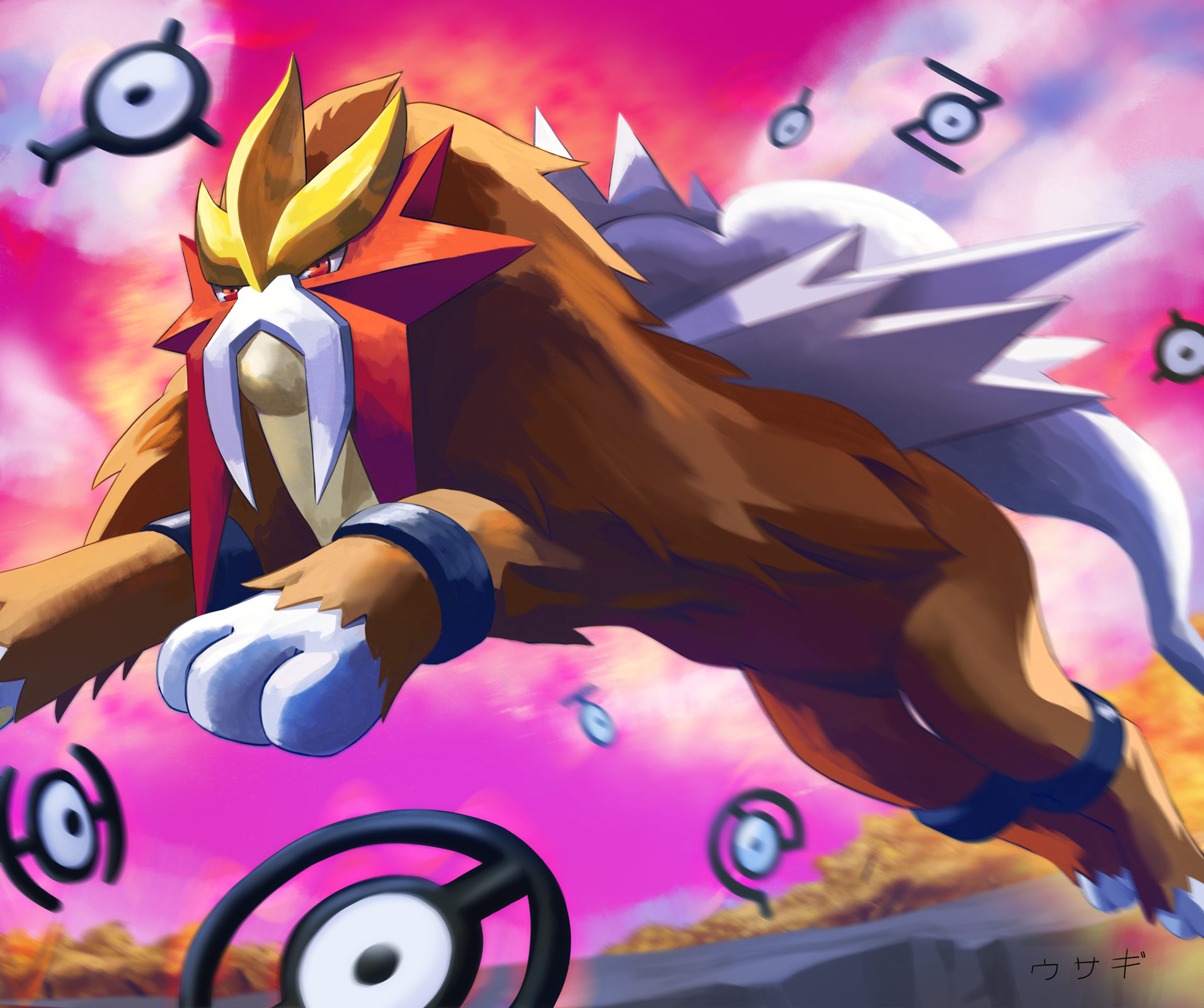 conejologia, entei, unown, unown n, unown o, unown t, nintendo, pokemon, highres, mixed-language commentary, cloud, gen 2 pokemon, jumping, legendary pokemon, no humans, outdoors, pink sky, pokemon (creature), red eyes, sky