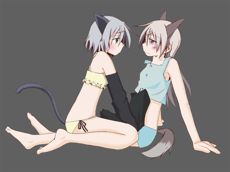 gaki, eila ilmatar juutilainen, sanya v. litvyak, strike witches, world witches series, silver hair, 00s, 2girls, animal ears, barefoot, blue eyes, bra, brown hair, cat ears, cat tail, green eyes, lingerie, long hair, multiple girls, panties, short hair, tail, underwear, underwear only