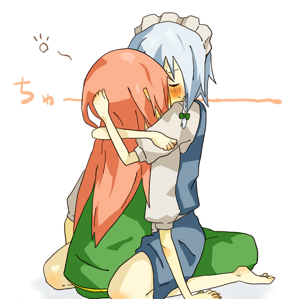 orange (artist), orange (bibiko), hong meiling, izayoi sakuya, embodiment of scarlet devil, touhou, silver hair, bad id, bad pixiv id, 2girls, bad anatomy, bad proportions, barefoot, blue hair, blush, female focus, hairband, hug, kiss, long hair, multiple girls, pink hair, poorly drawn, red hair, ribbon, short hair, sitting, sitting on lap, sitting on person, straddling, upright straddle, yuri