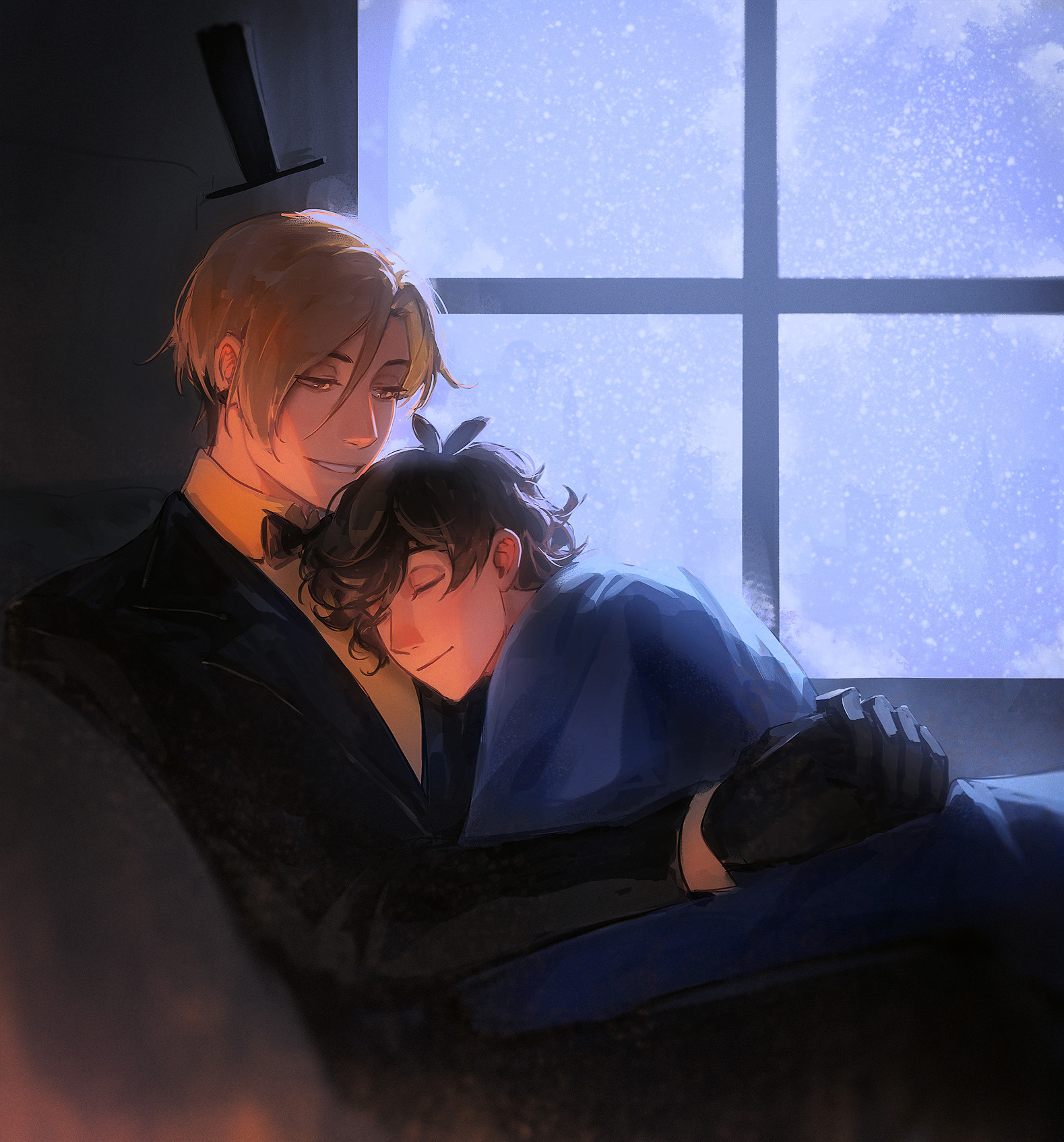suikamelony, bill cipher, dipper pines, gravity falls, highres, 2boys, aged up, blonde hair, bow, bowtie, brown hair, earrings, hat, hug, jewelry, male focus, multiple boys, painterly, personification, shirt, short hair, sleeping, smile, top hat, yaoi, yellow eyes