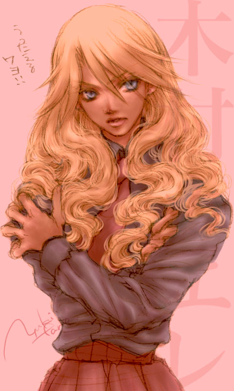 yukifune, kimura kaere, sayonara zetsubou sensei, bad id, bad pixiv id, 00s, blonde hair, blue eyes, curly hair, long hair, necktie, school uniform, skirt, solo