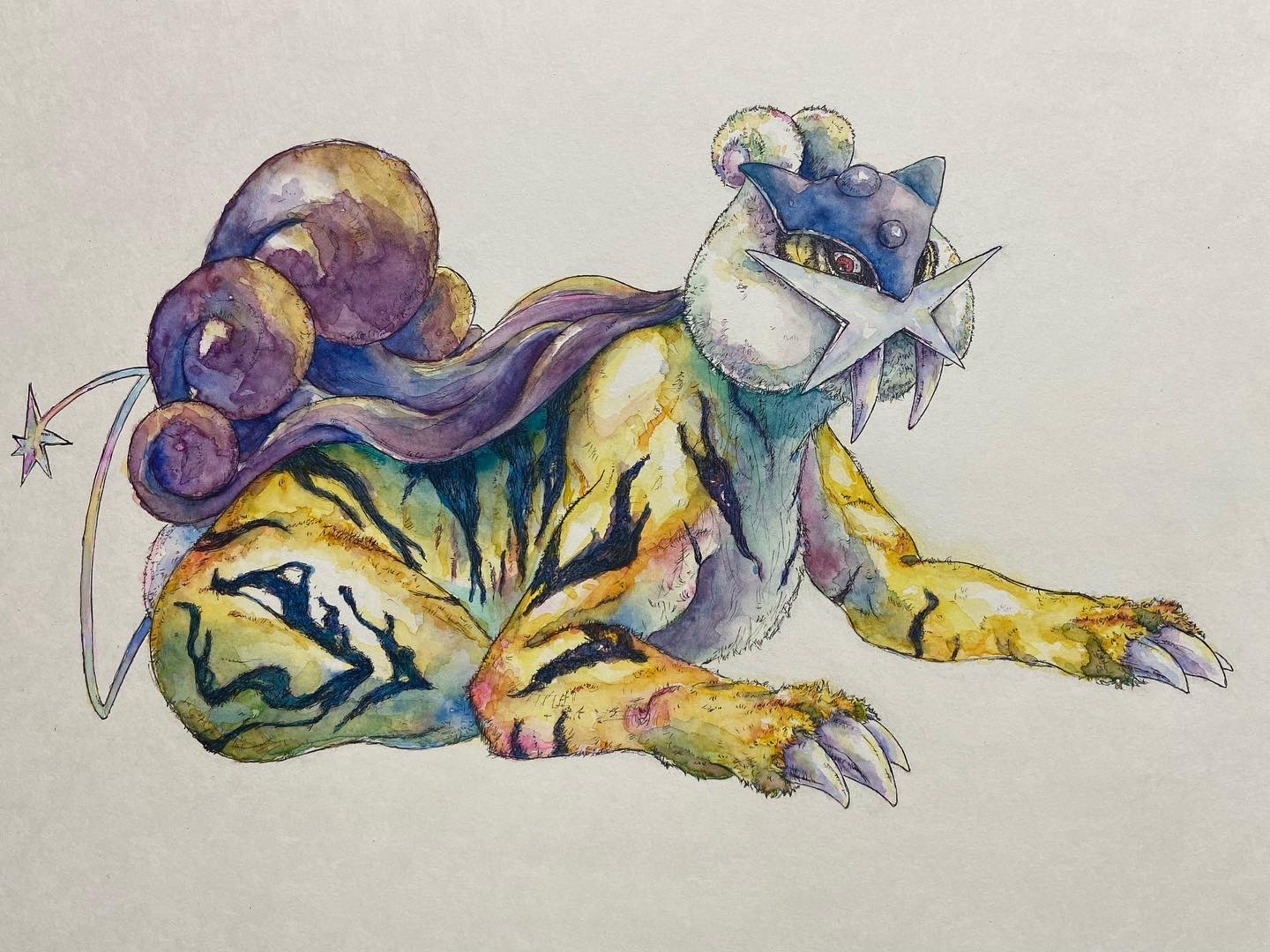 raikou, nintendo, pokemon, painting (medium), traditional media, watercolor (medium), chinese zodiac, full body, gen 2 pokemon, kairyu 319, legendary pokemon, looking at viewer, lying, on stomach, pokemon (creature), red eyes, solo, year of the tiger