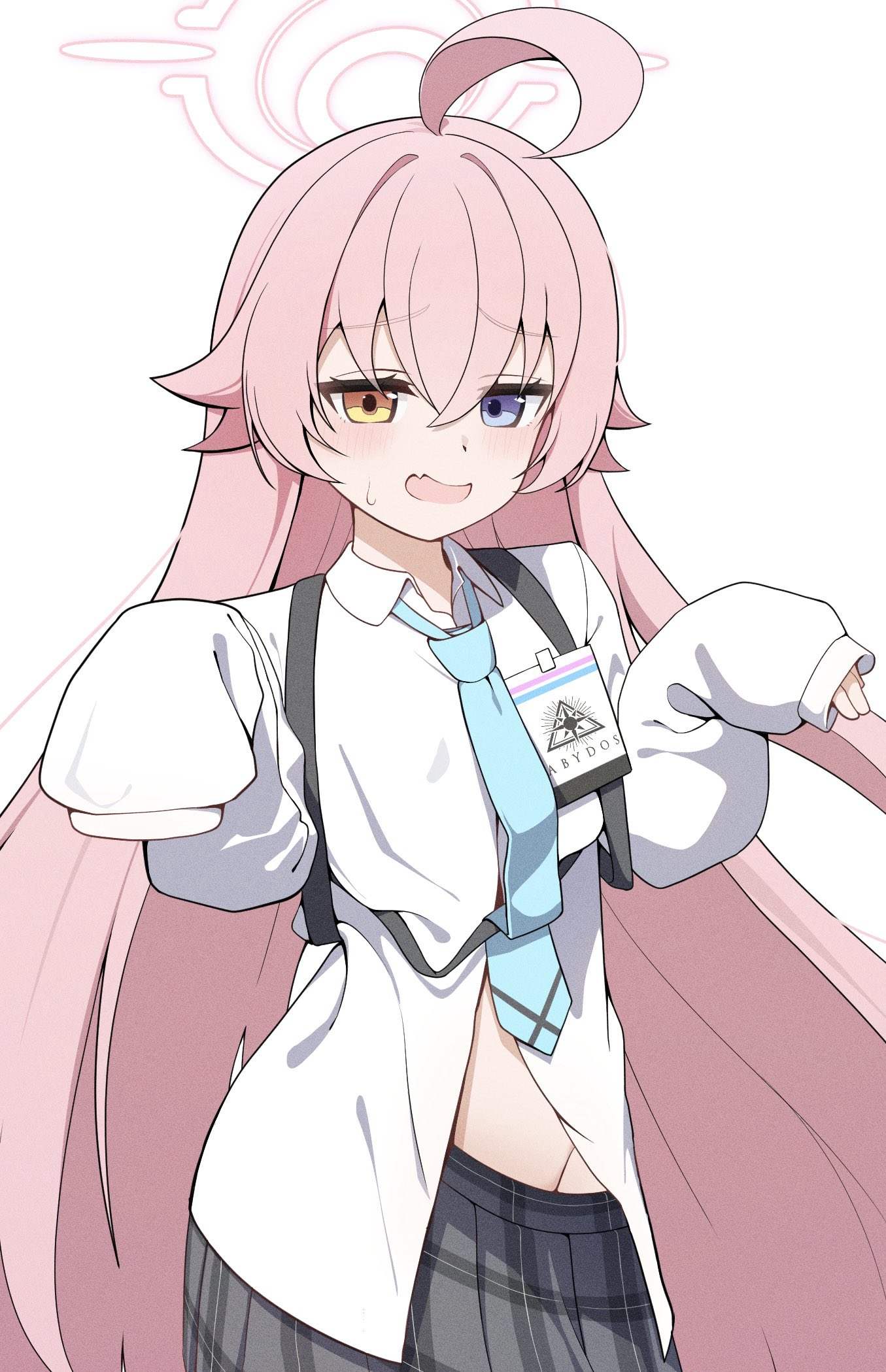 natukuzira, hoshino (blue archive), blue archive, highres, 1girl, ahoge, black skirt, blue eyes, blue necktie, blush, collared shirt, fang, grey skirt, groin, hair between eyes, halo, heterochromia, long hair, long sleeves, looking at viewer, navel, necktie, open mouth, pink hair, pink halo, plaid clothes, plaid skirt, pleated skirt, shirt, simple background, skin fang, skirt, sleeves past wrists, solo, sweatdrop, very long hair, white background, white shirt, yellow eyes