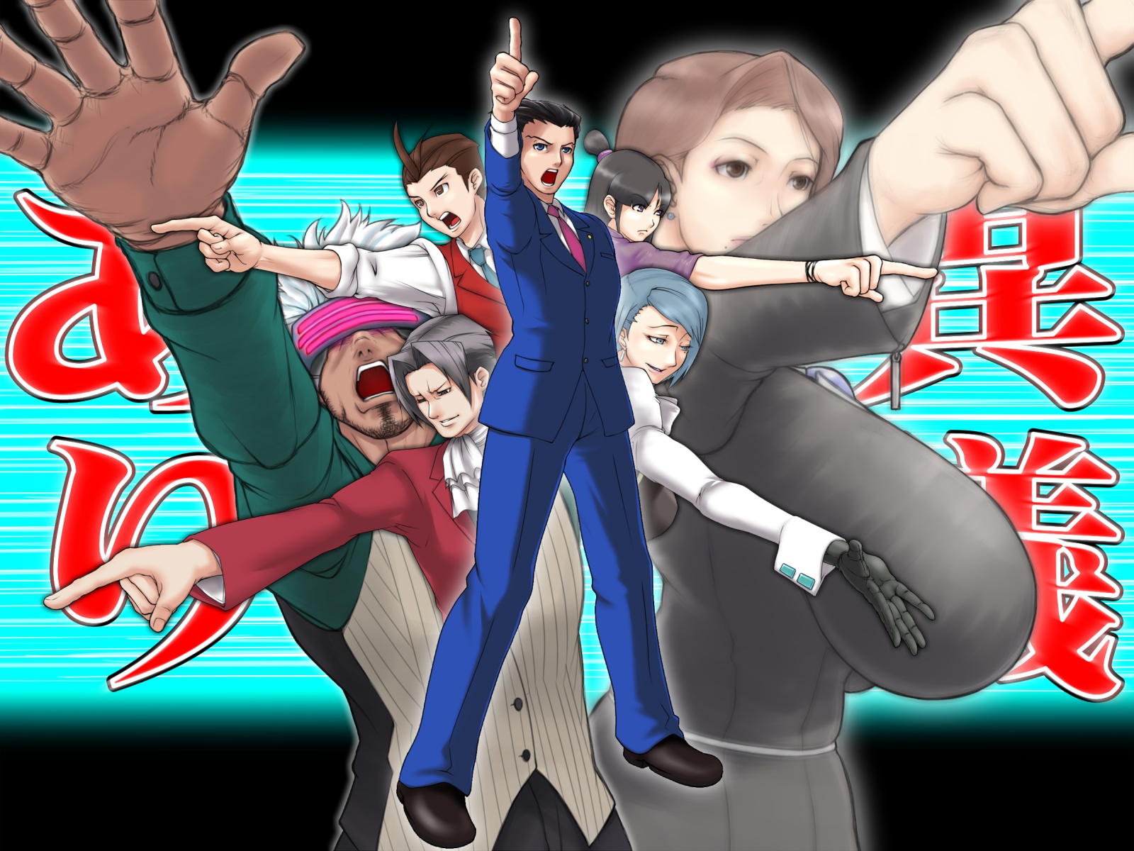 moyashipan, apollo justice, franziska von karma, godot (ace attorney), maya fey, mia fey, miles edgeworth, phoenix wright, ace attorney, capcom, phoenix wright: ace attorney – trials and tribulations, highres, 3girls, 4boys, breasts, formal clothes, gloves, huge breasts, mole, mole under eye, multiple boys, multiple girls, pointing, sideboob, suit