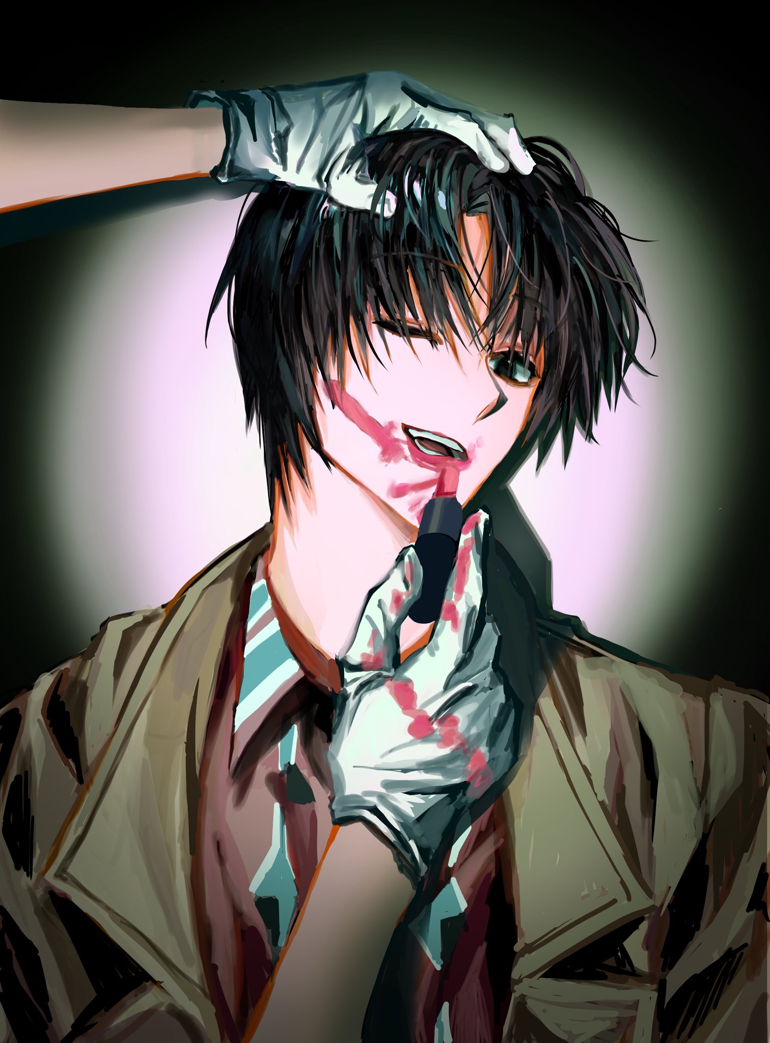 nagumo (sakamoto days), sakamoto days, commentary request, highres, korean commentary, 1boy, 1other, applying another's makeup, applying makeup, black hair, brown coat, coat, cosmetics, gloves, hand on another's head, hwuuw0, lipstick, lipstick tube, makeup, male focus, one eye closed, red lips, short hair, smeared lipstick, solo focus, teeth, upper body, white gloves