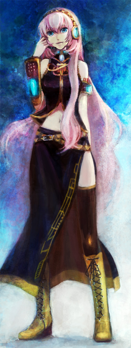 riinu (ir-n), megurine luka, vocaloid, bad id, bad pixiv id, highres, blue eyes, boots, gold boots, headphones, lace-up boots, long hair, pink hair, solo, thighhighs