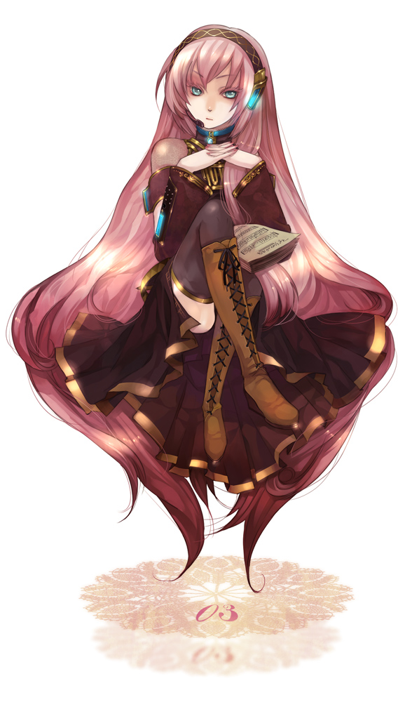 kyouka hatori, kyoukahatori, megurine luka, vocaloid, 1girl, aqua eyes, blue eyes, boots, detached sleeves, female focus, floating, headphones, headset, knee boots, long hair, musical note, pink hair, sheet music, solo, thighhighs, very long hair