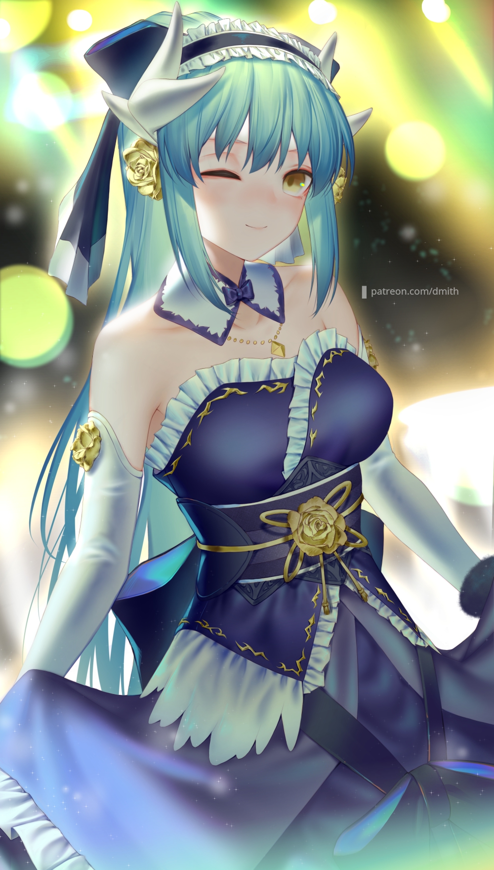 dmith, kiyohime (fate), kiyohime (formal dress) (fate), fate/grand order, fate (series), highres, 1girl, blue dress, blush, breasts, collarbone, detached collar, detached sleeves, dragon girl, dragon horns, dress, flower, frilled dress, frilled hairband, frills, hair flower, hair ornament, hairband, horns, long hair, long sleeves, looking at viewer, maid headdress, medium breasts, official alternate costume, one eye closed, rose, smile, solo, strapless, strapless dress, very long hair, yellow eyes, yellow flower, yellow rose