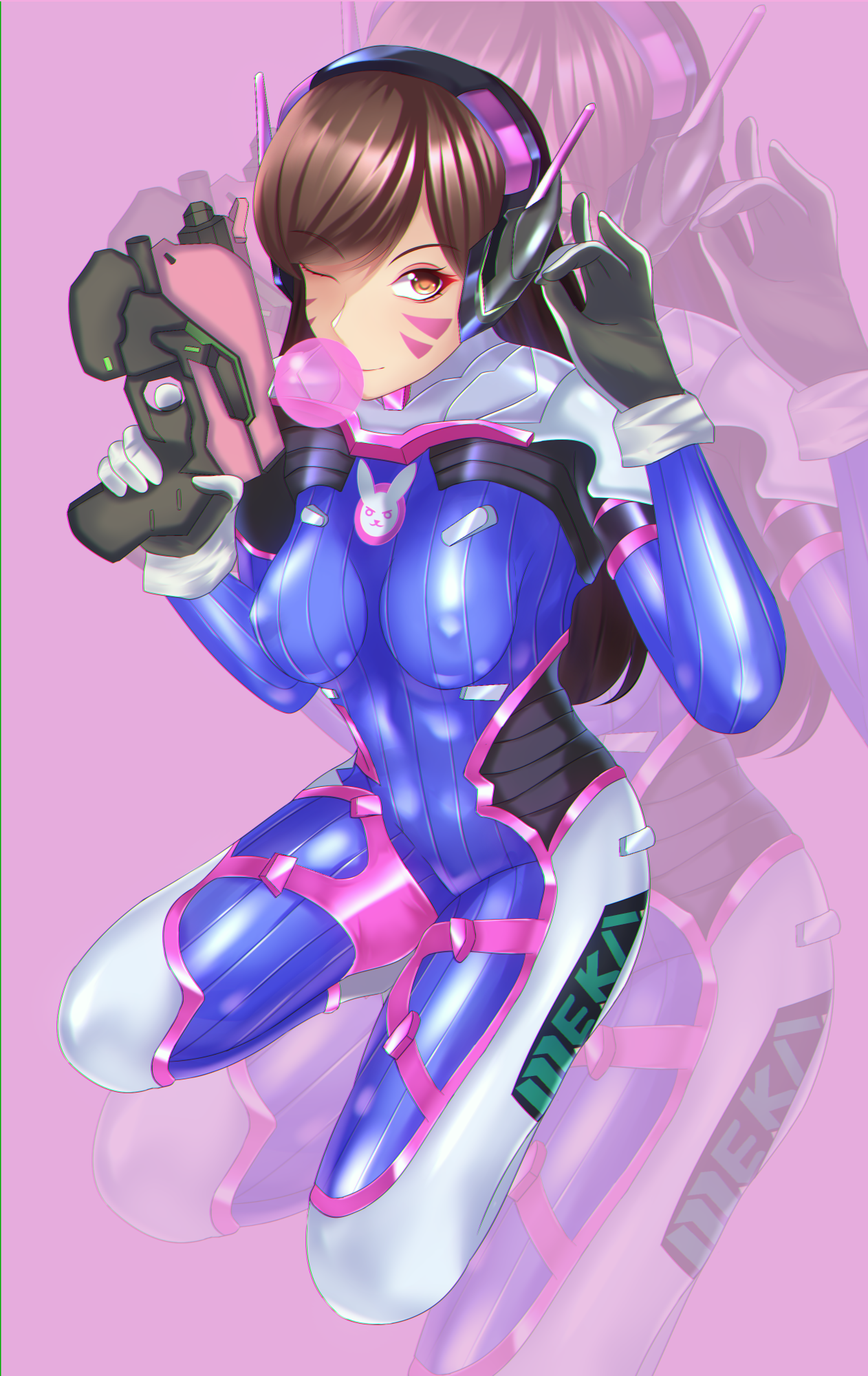 volyz, d.va (overwatch), overwatch, highres, 1girl, blowing bubble gum, bodysuit, breasts, brown hair, chewing gum, covered erect nipples, facial mark, gun, handgun, long hair, looking at viewer, medium breasts, one eye closed, skin tight, smile, solo, weapon, whisker markings, yellow eyes