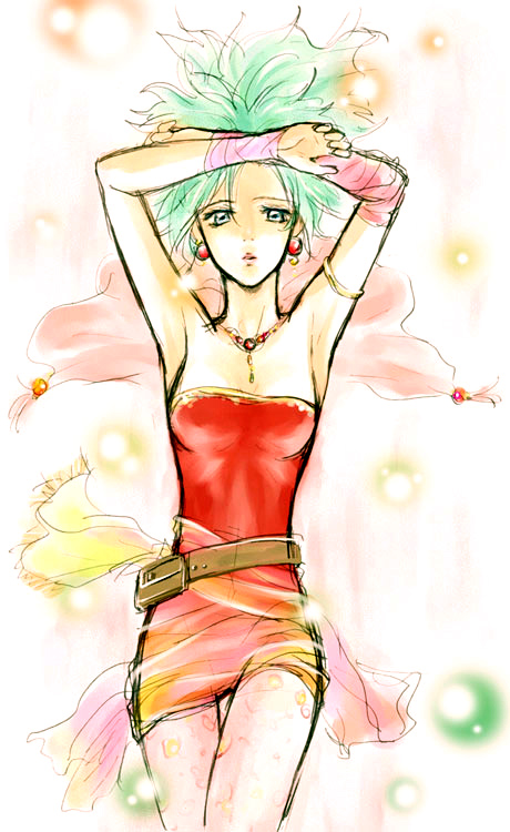 tina branford, final fantasy, final fantasy vi, 1990s (style), 1girl, blue eyes, dress, earrings, female focus, green hair, jewelry, long hair, necklace, pantyhose, solo